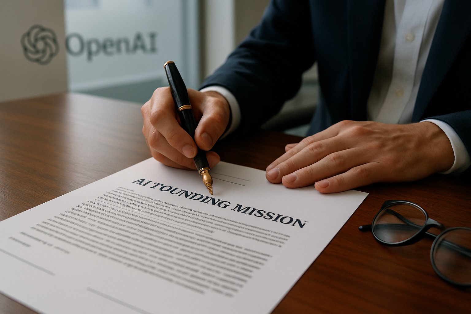 Legal document referencing the AI Founding Mission on a desk in a modern office.