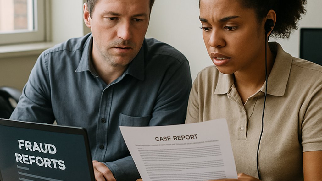 Cybersecurity team analyzing AI Fraud reports in an office