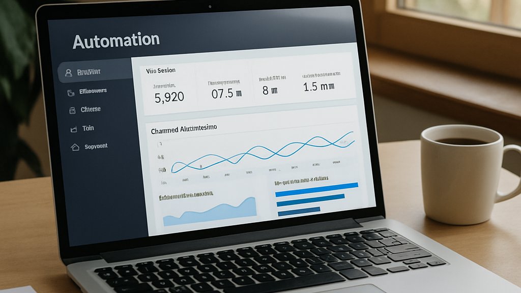 Home office desk highlighting Freelance Automation tools on laptop screen.