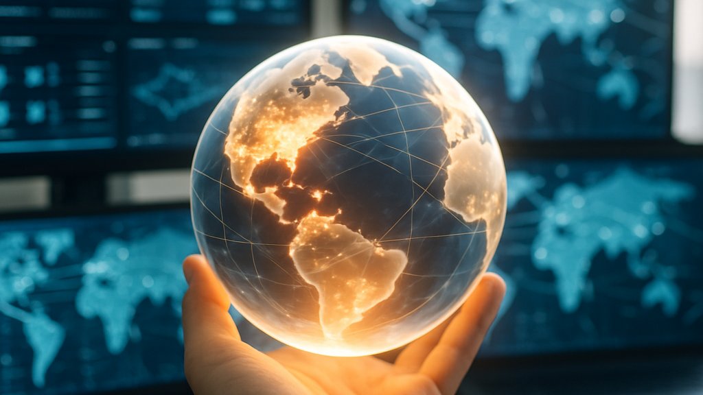 Hand holding digital globe highlighting modern geopolitics and cyber connections.