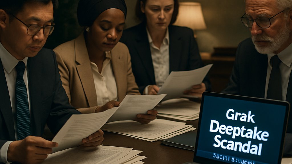 Regulators review Grok Deepfake Scandal legal documents in an authentic office setting.