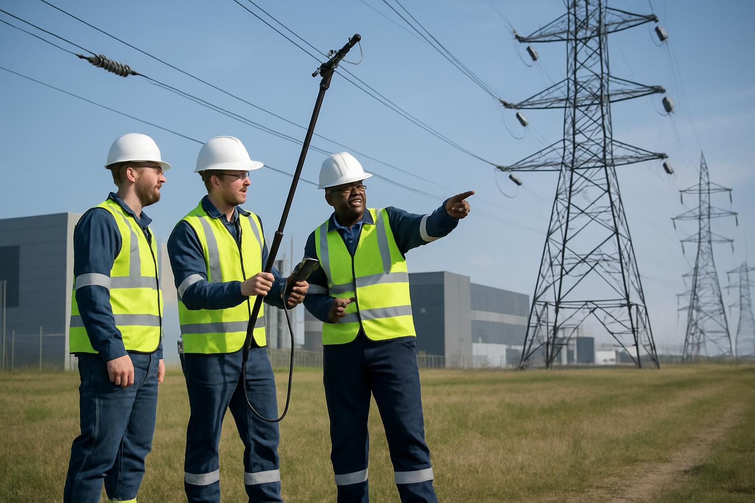 Utility workers inspect Power Transmission Grid near a data center.