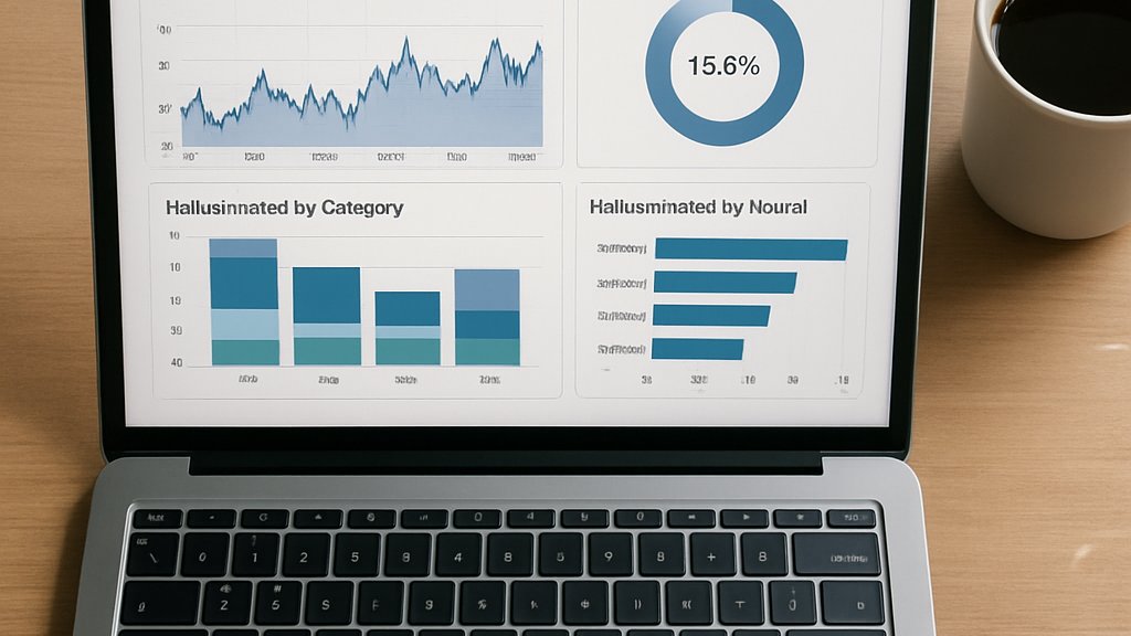 Generative AI hallucination tracker dashboard with analytics on a modern workspace.