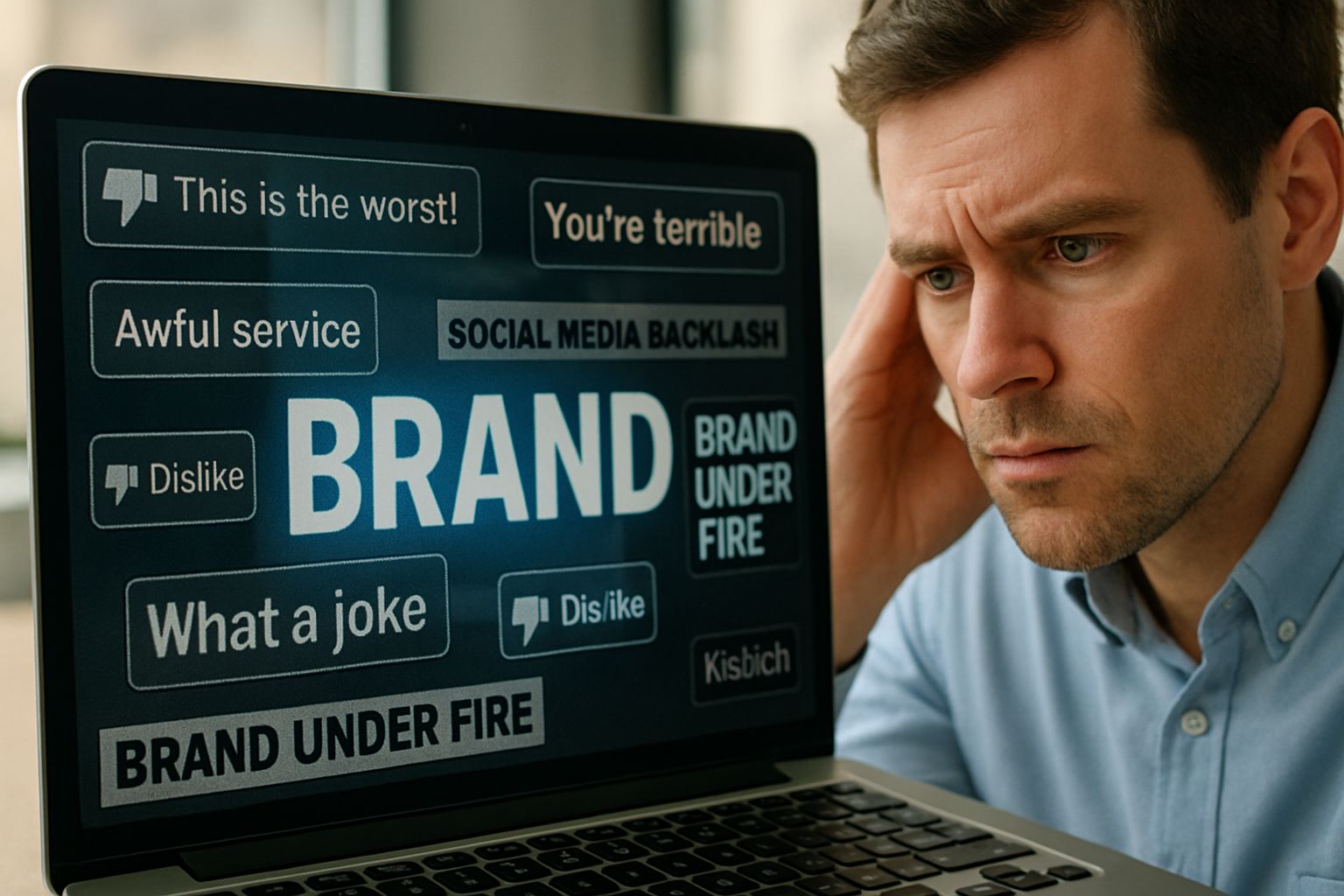 Concerned professional faces digital backlash in AI Reputation Management dashboard
