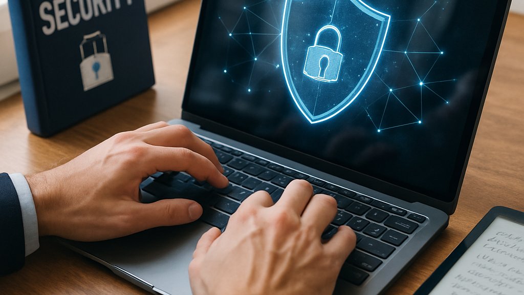 Cyber Security professional working on AI-powered defense strategies on laptop