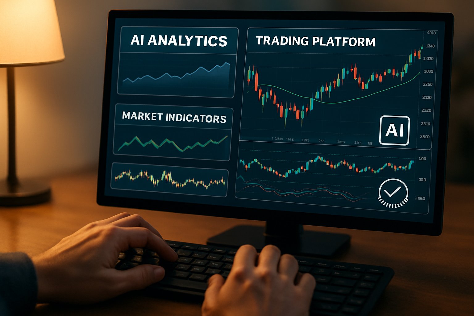 Trader uses AI Financial Trading analytics tools on a computer in natural office light.