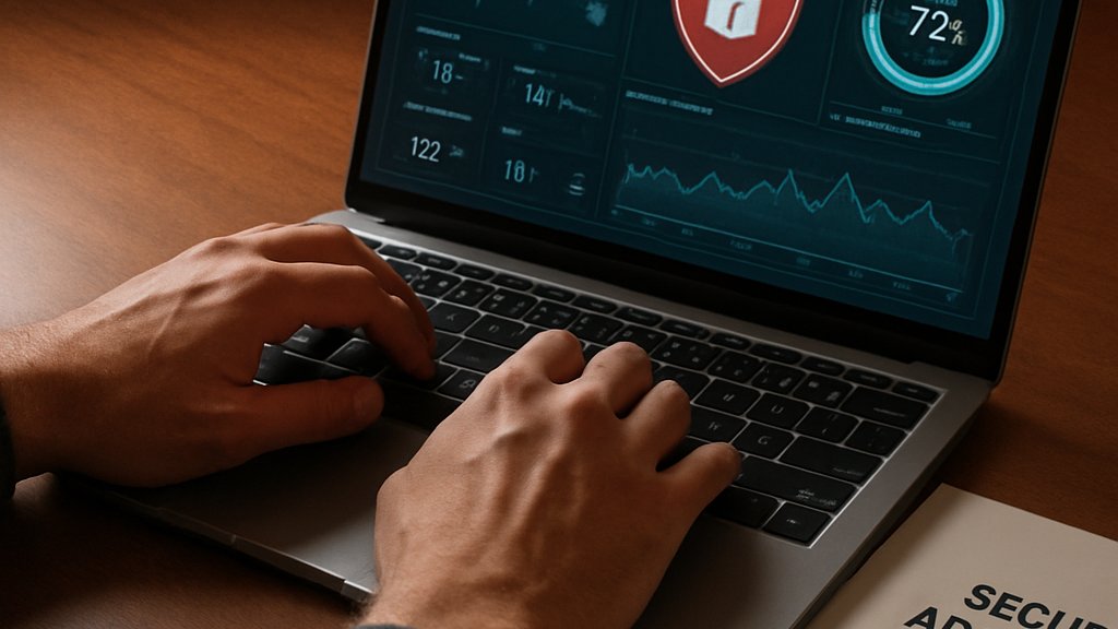 Secure Adoption process shown with hands at laptop and security dashboard in office setting.
