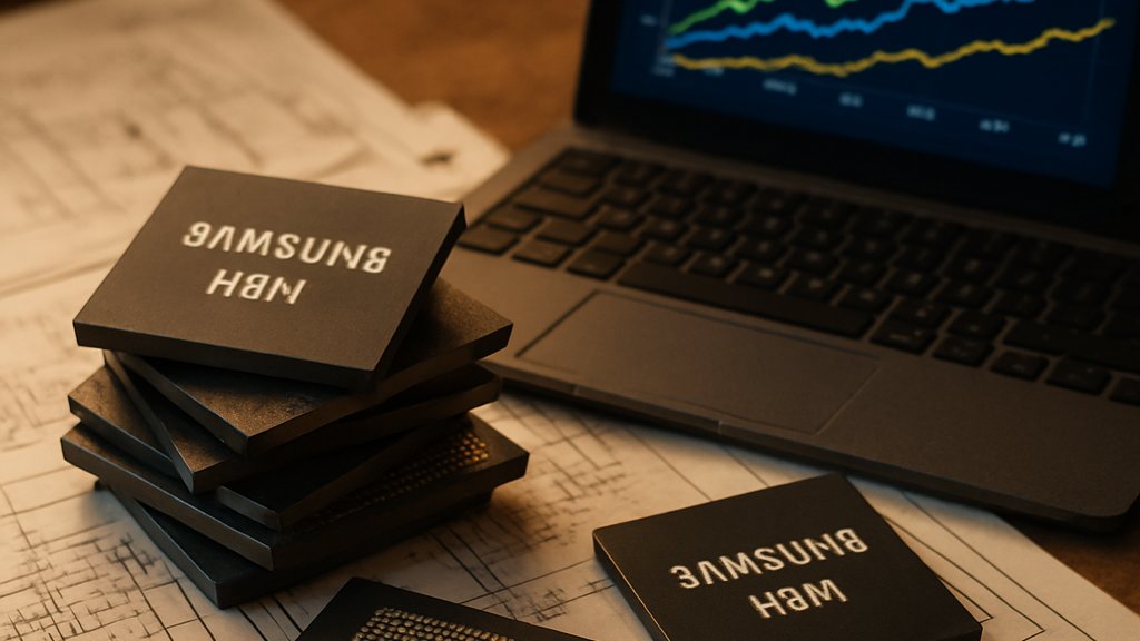 Samsung HBM chips and stock graphs represent AI Hardware market growth.