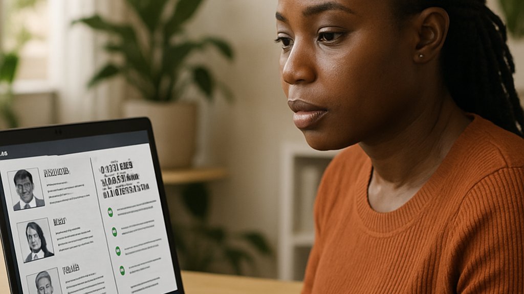 HR specialist applying AI Hiring Standards compliance while screening resumes.