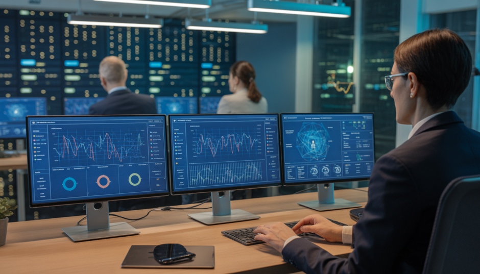 Bank teams monitoring AI fraud detection and risk analytics