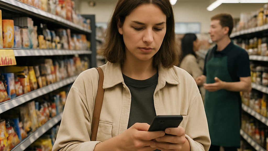 AI Retail Conversion in-store shopper browsing products with smartphone