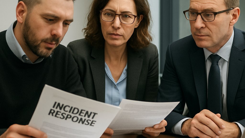 Executives discussing Double-Extortion AI cyber insurance response in a conference room