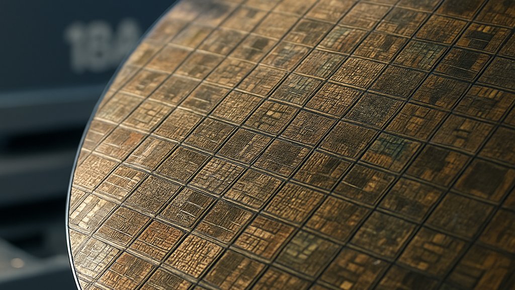 Macro shot of a silicon wafer featuring Intel 18A chip designs in a laboratory.