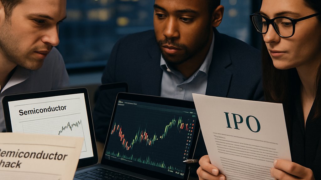 Semiconductor Hardware IPO analysts reviewing market charts and valuation data