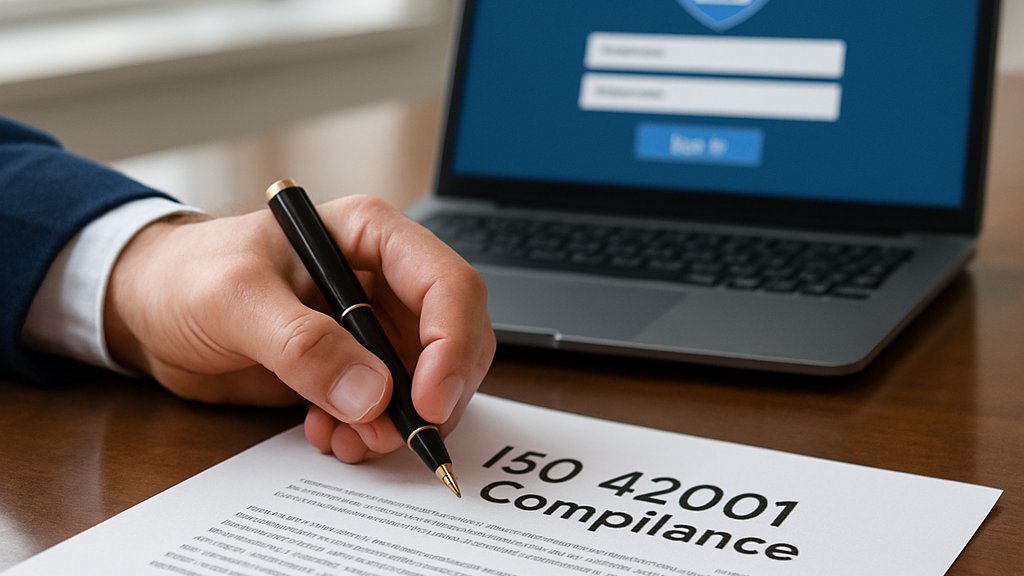 Legal Governance ISO 42001 compliance document being signed