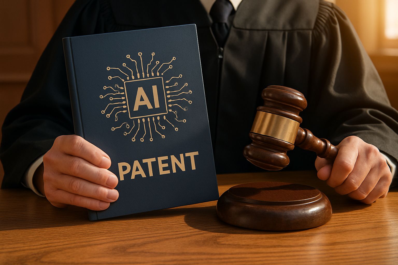 Judge's hands holding AI Patent Law case folder and gavel in courtroom.