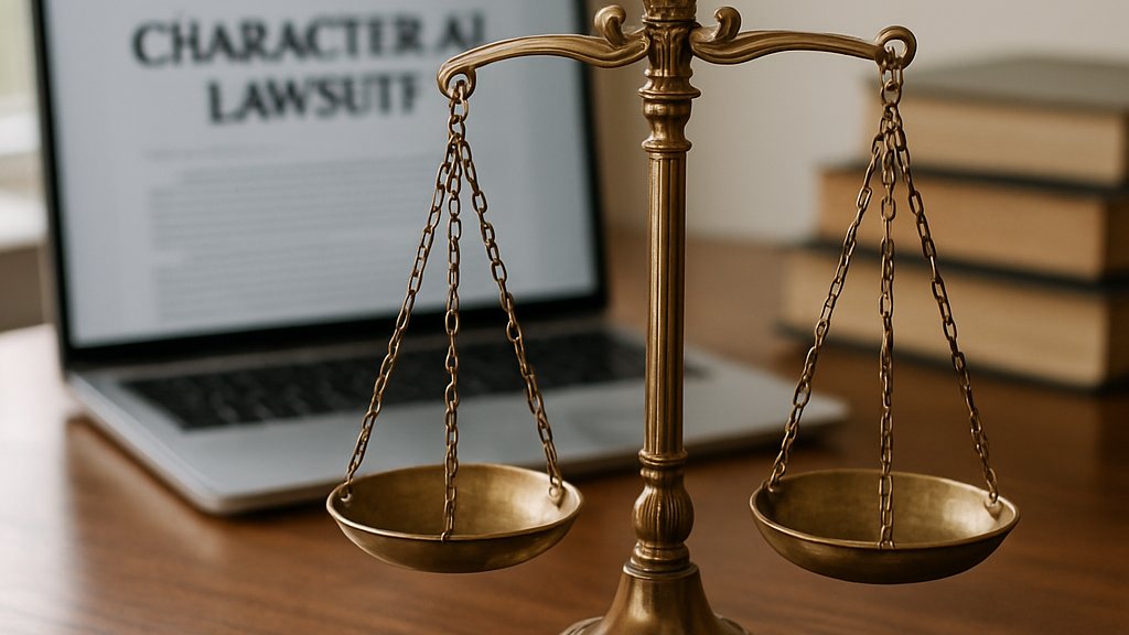 Justice scales and laptop symbolize Character.AI Lawsuit legal debate