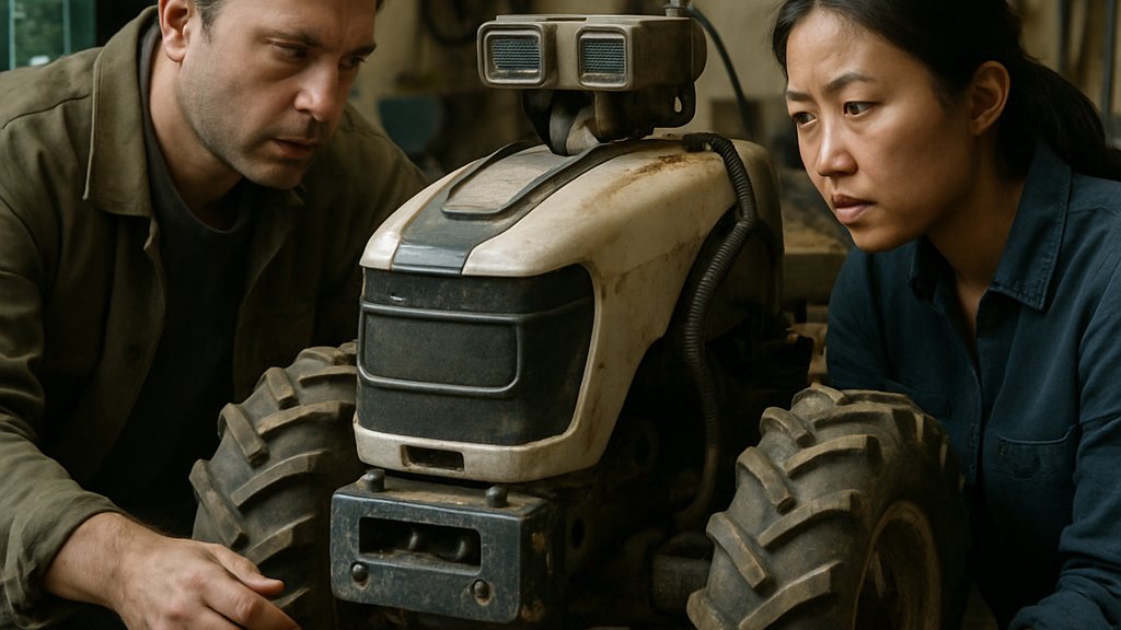 Agricultural Robotics technicians inspecting a farm robot in a workshop