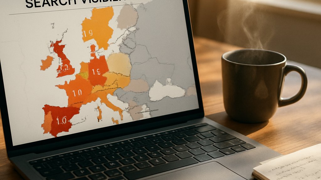 Realistic laptop displaying GEO Search Visibility heatmap analytics.