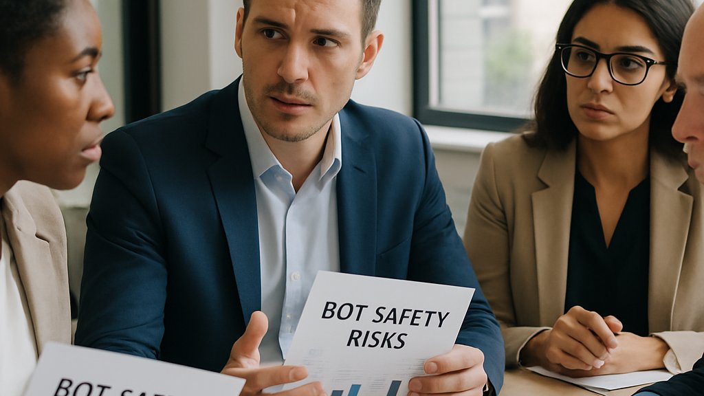 Business leaders review reports on bot safety risks in a modern conference room.