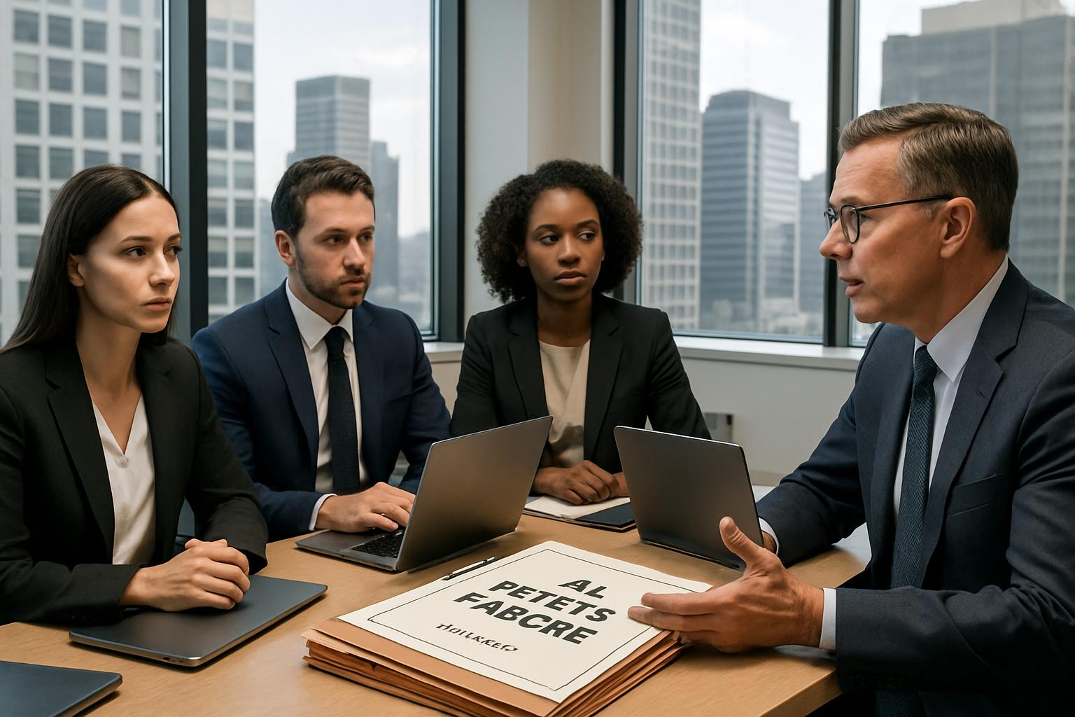 Legal team reviews AI Safety Failure case documents in a conference room.