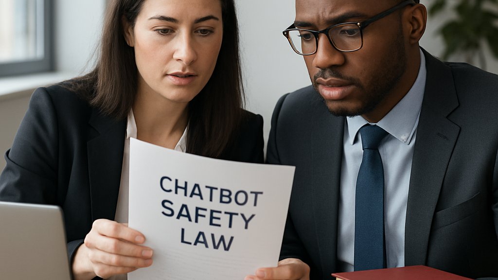 Professionals analyze Chatbot Safety Law document in office setting.
