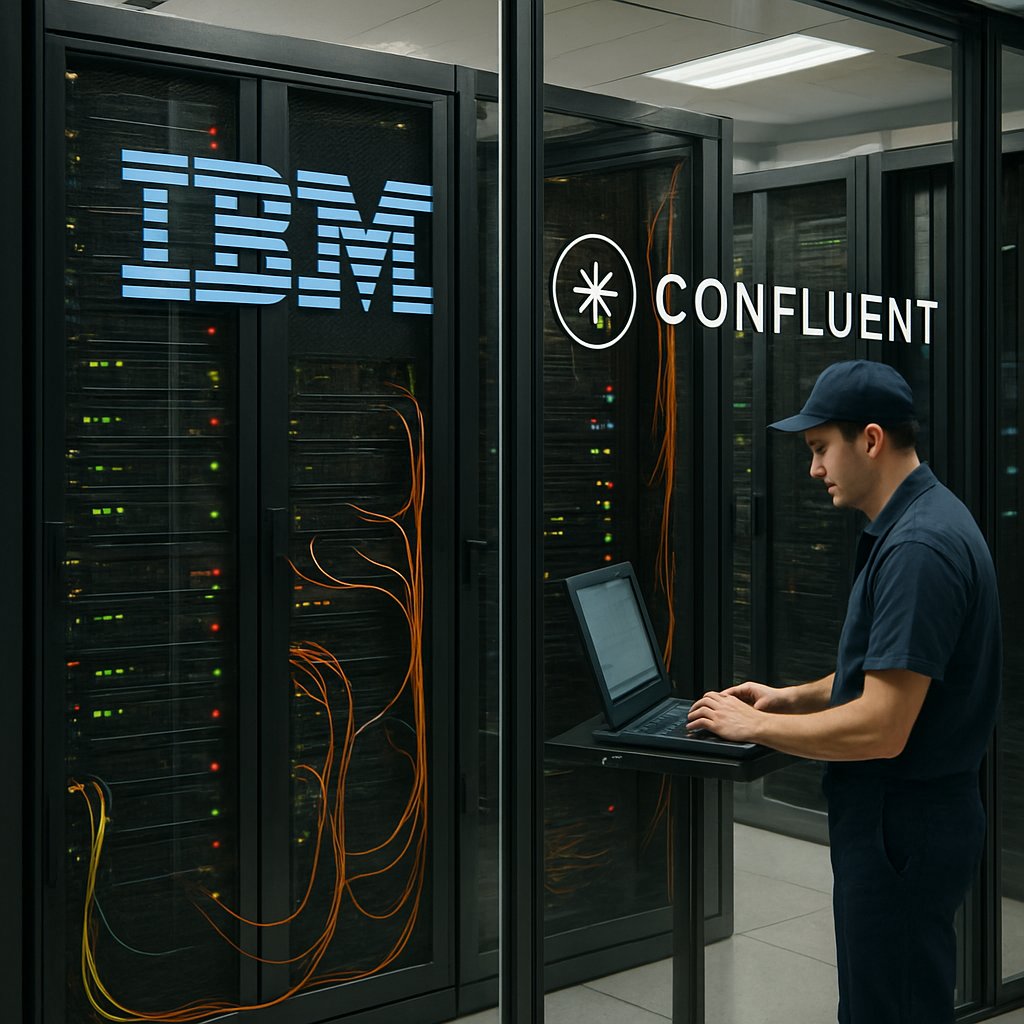 IBM Confluent mainframe and cloud integration in a modern server room.