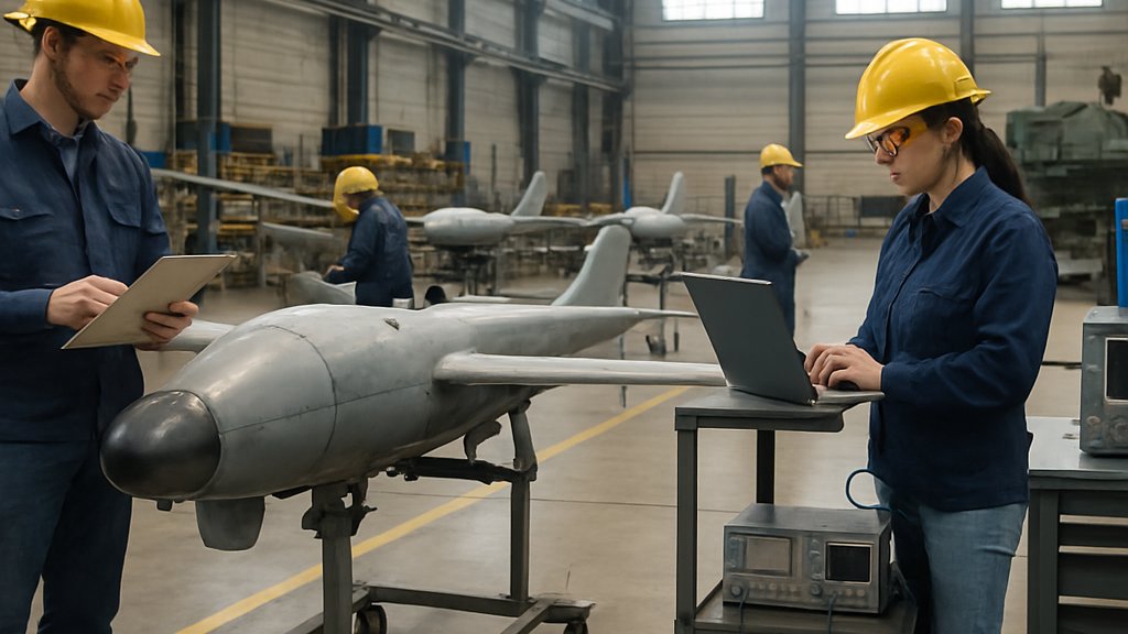 AI Defense manufacturing floor with technicians and production equipment