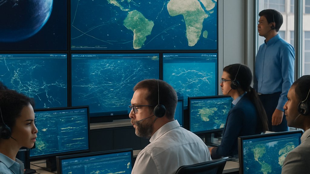Engineers analyzing real-time Orbital AI ship surveillance data in control room.