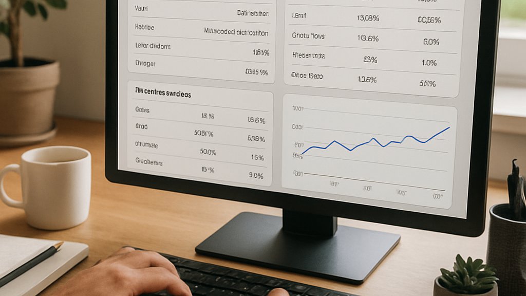 Hands on keyboard using Google AI Max Control interface in realistic office scene.