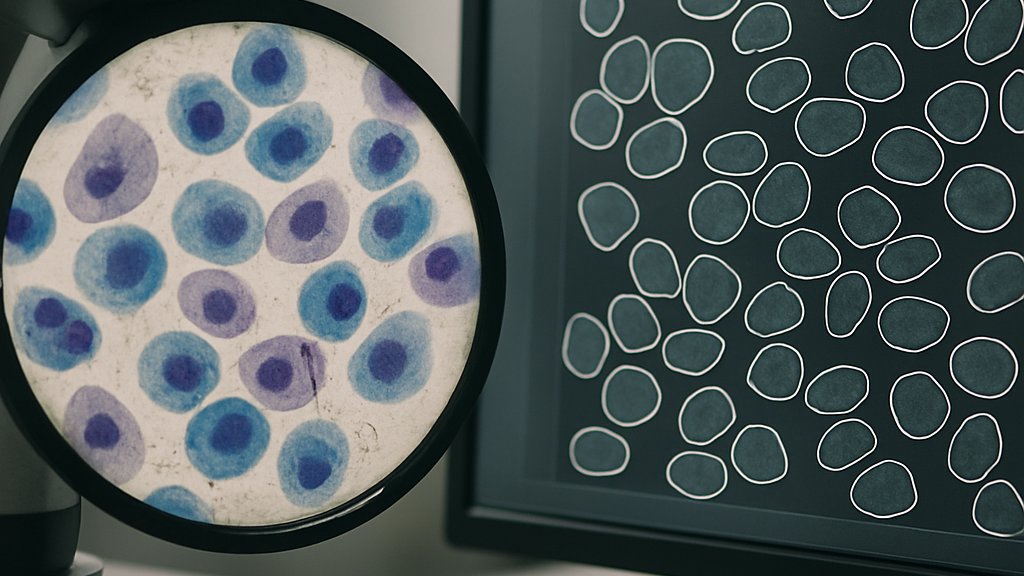 AI Biotech microscope view showing segmented cells and analysis