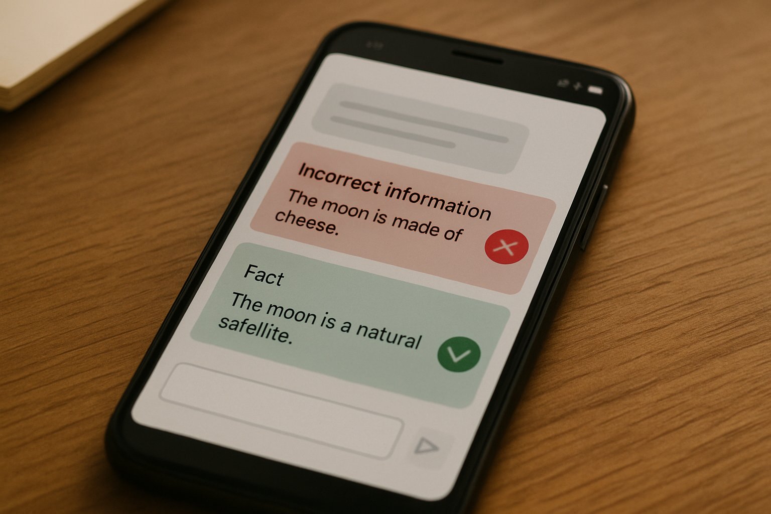 Smartphone showing Chatbot Misinformation versus factual message on chat app.