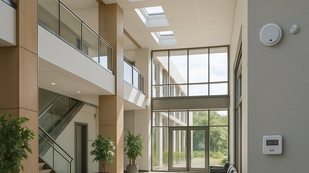 Smart Building Science energy-efficient office lobby with modern controls