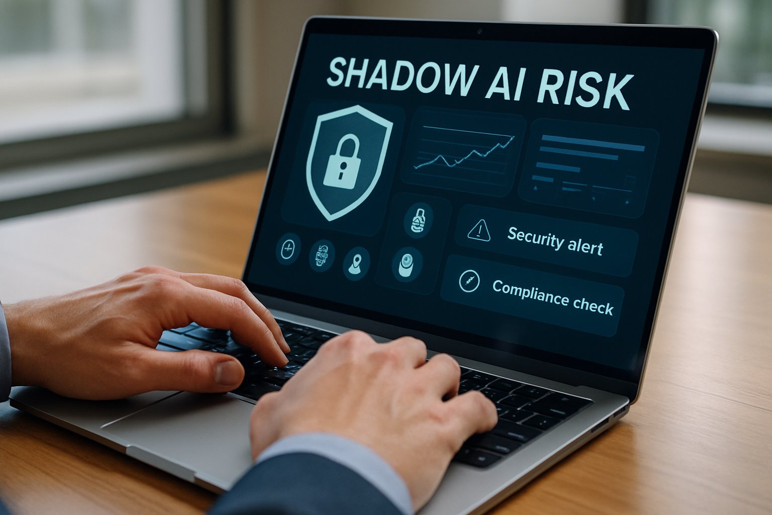 Employee monitors Shadow AI Risk dashboard on work laptop.