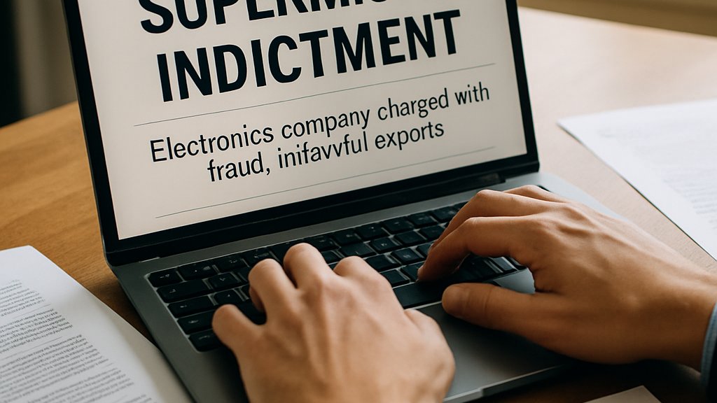 Hands typing about SMCI Risk on laptop amid Supermicro indictment news in office.
