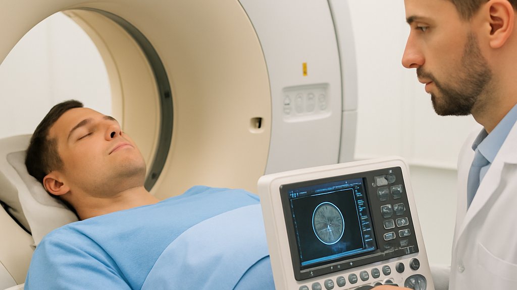 Medical Imaging process with patient inside MRI scanner and technician nearby.