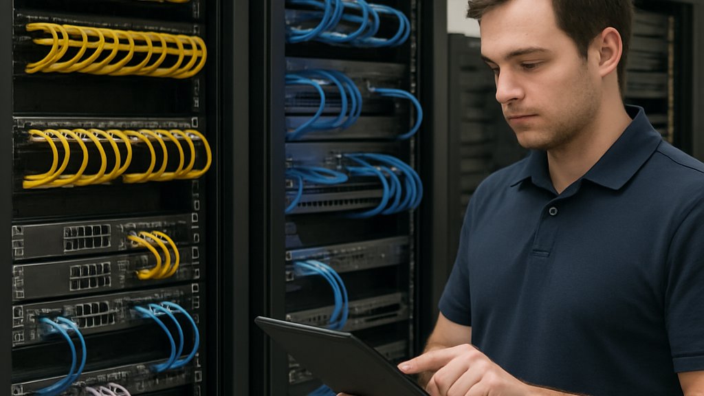 Edge Security technician inspecting Cisco SD-WAN network hardware