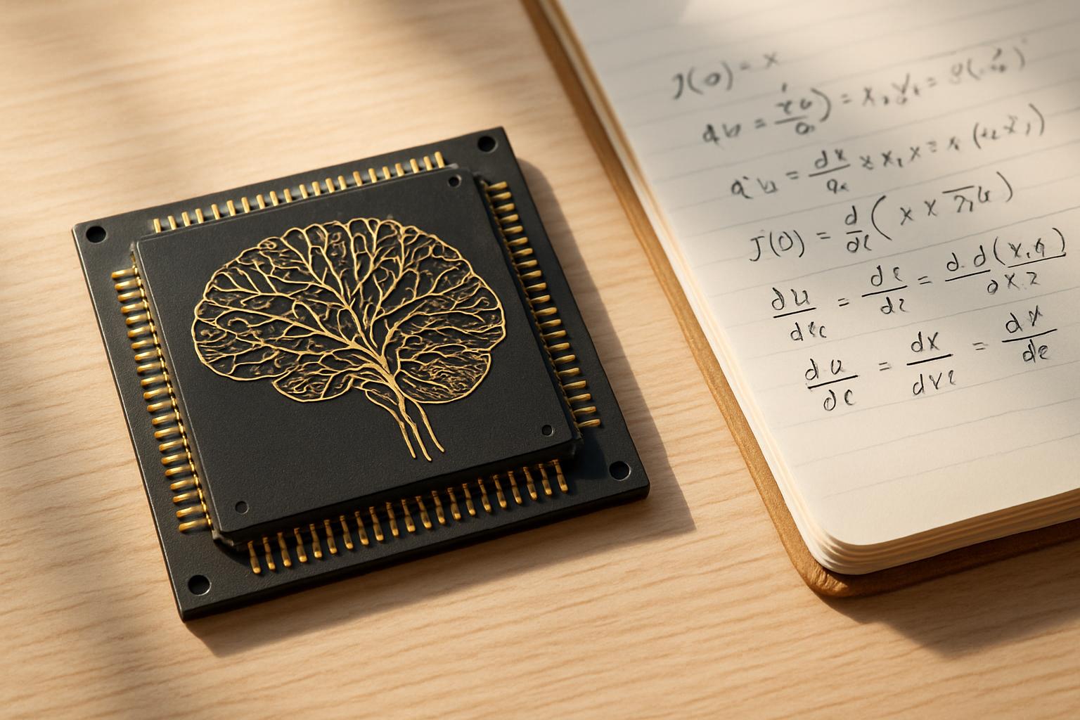Brain-Inspired Hardware chip with neural network layout on desk.
