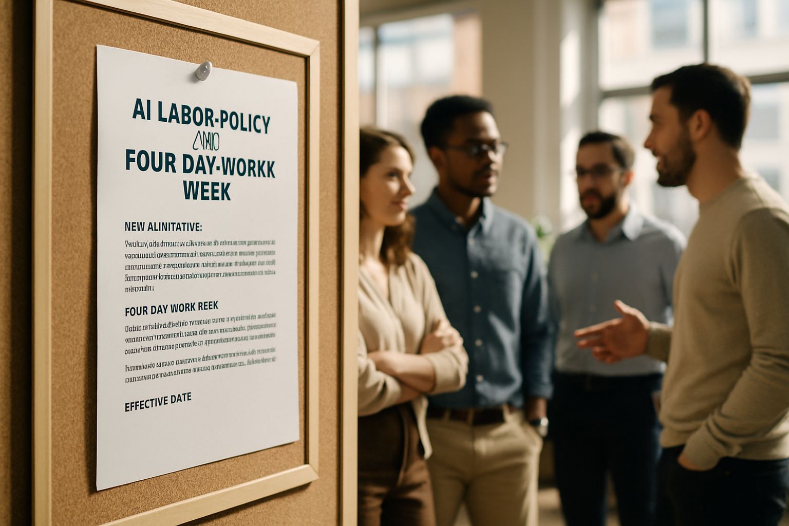 Employees review posted AI Labor Policy about transitioning to a four-day workweek.