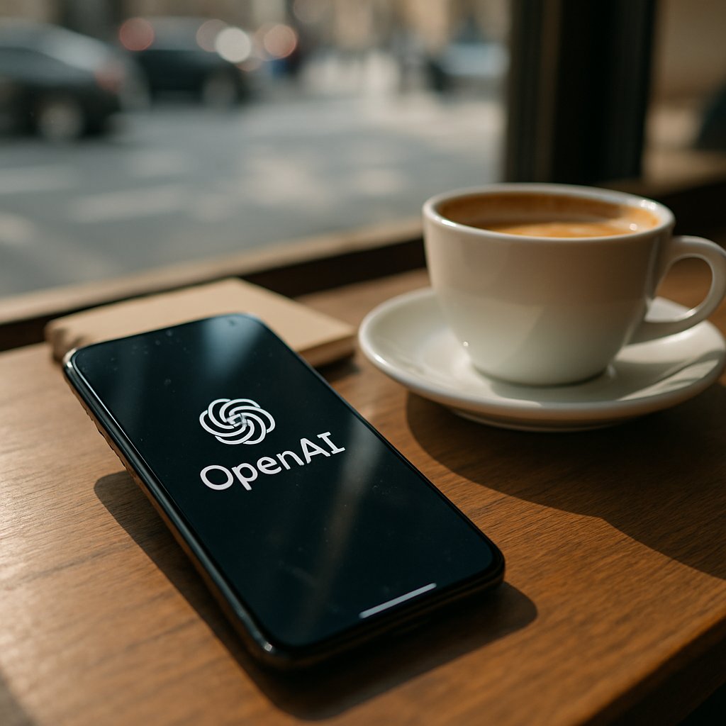 OpenAI Smartphone prototype on a cafe table beside coffee and notepad.