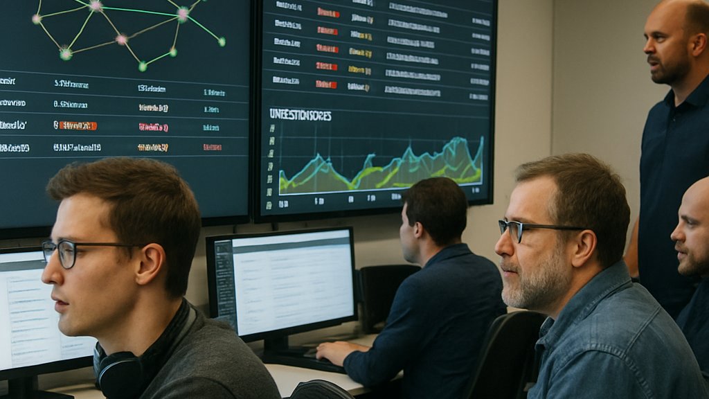 Engineers monitoring AI Backhaul Infrastructure automation in a network operations center