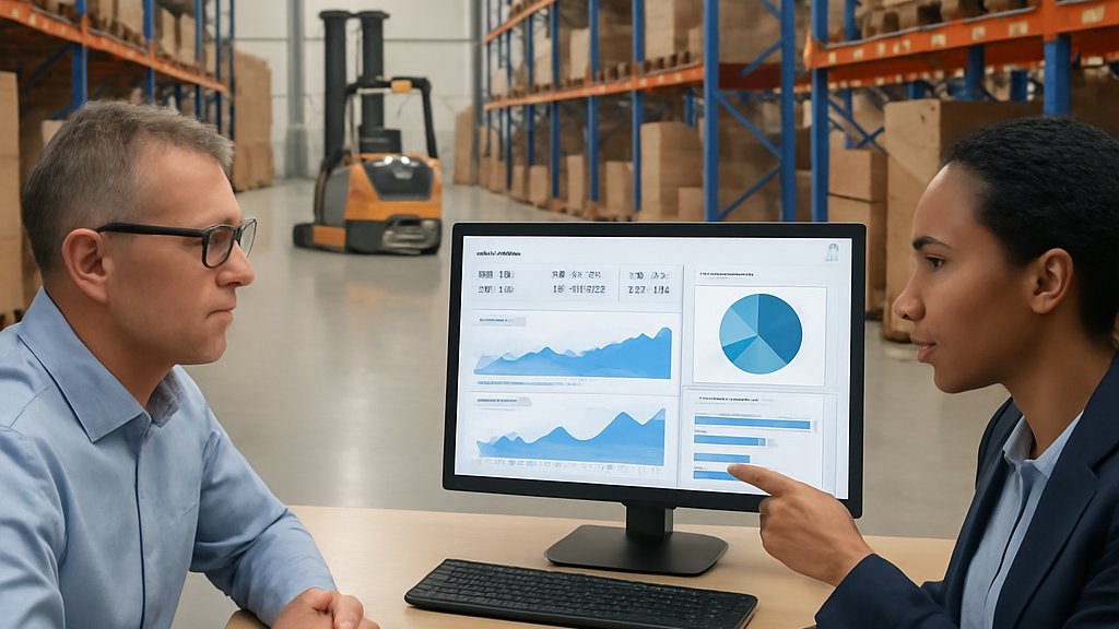 Warehouse Automation Reskilling dashboard review in modern logistics center
