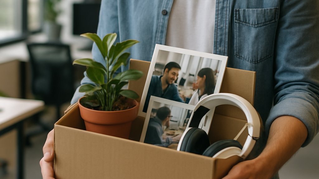 Realistic scene of employee packing due to AI Job Shift at Coinbase.