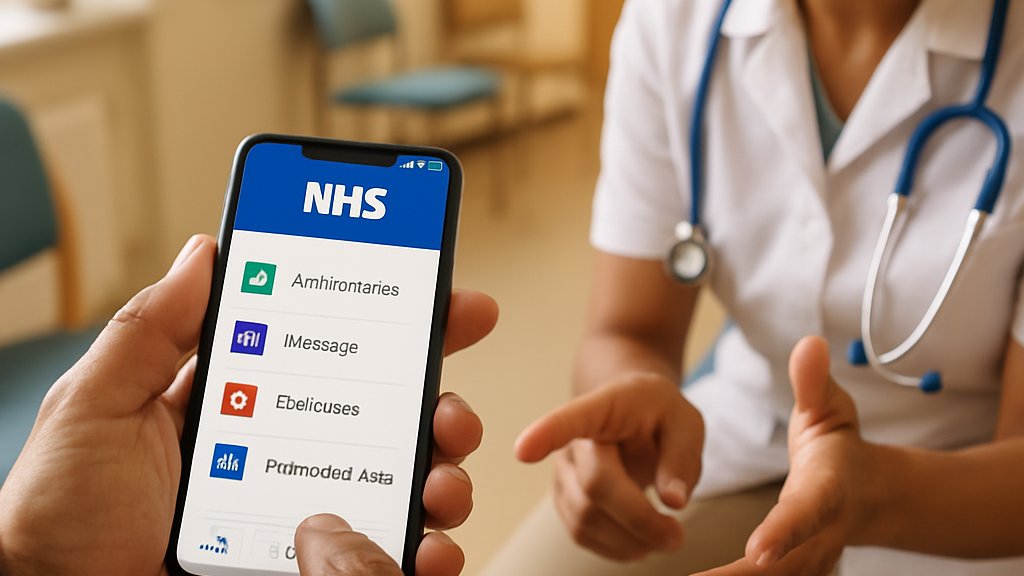 Patient using NHS app with clinician showcasing Digital Health advancement.