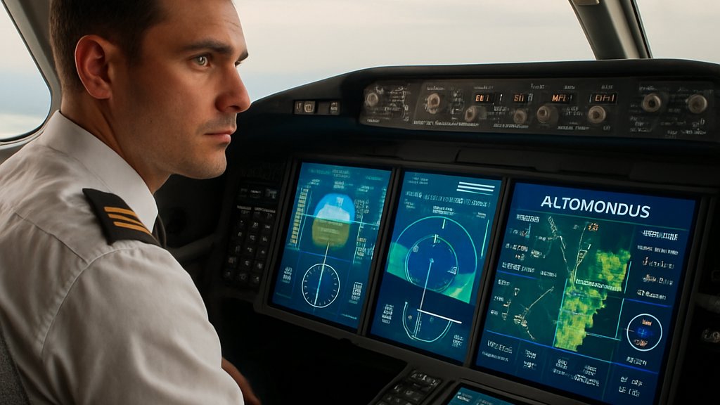 Pilot oversees Autonomous Flight controls in commercial aircraft cockpit.