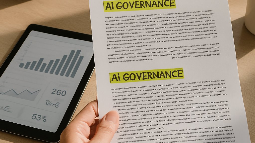 Printed report on AI Governance with dashboard analytics on desk