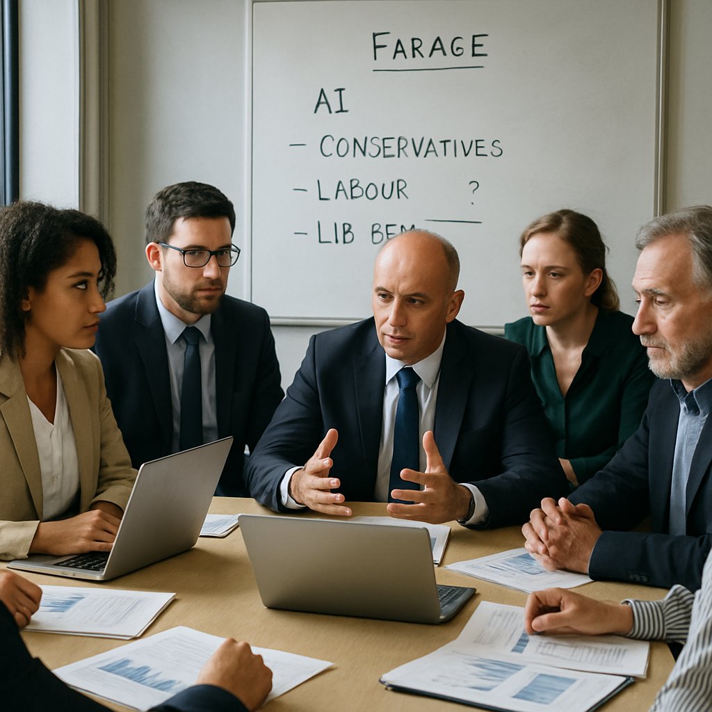 Political strategists discuss Farage AI impact on UK election in a realistic meeting room.