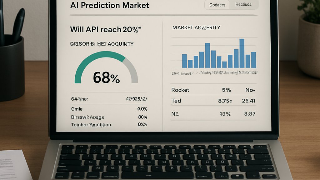 Workspace with laptop showing AI Prediction Markets dashboard and liquidity metrics.