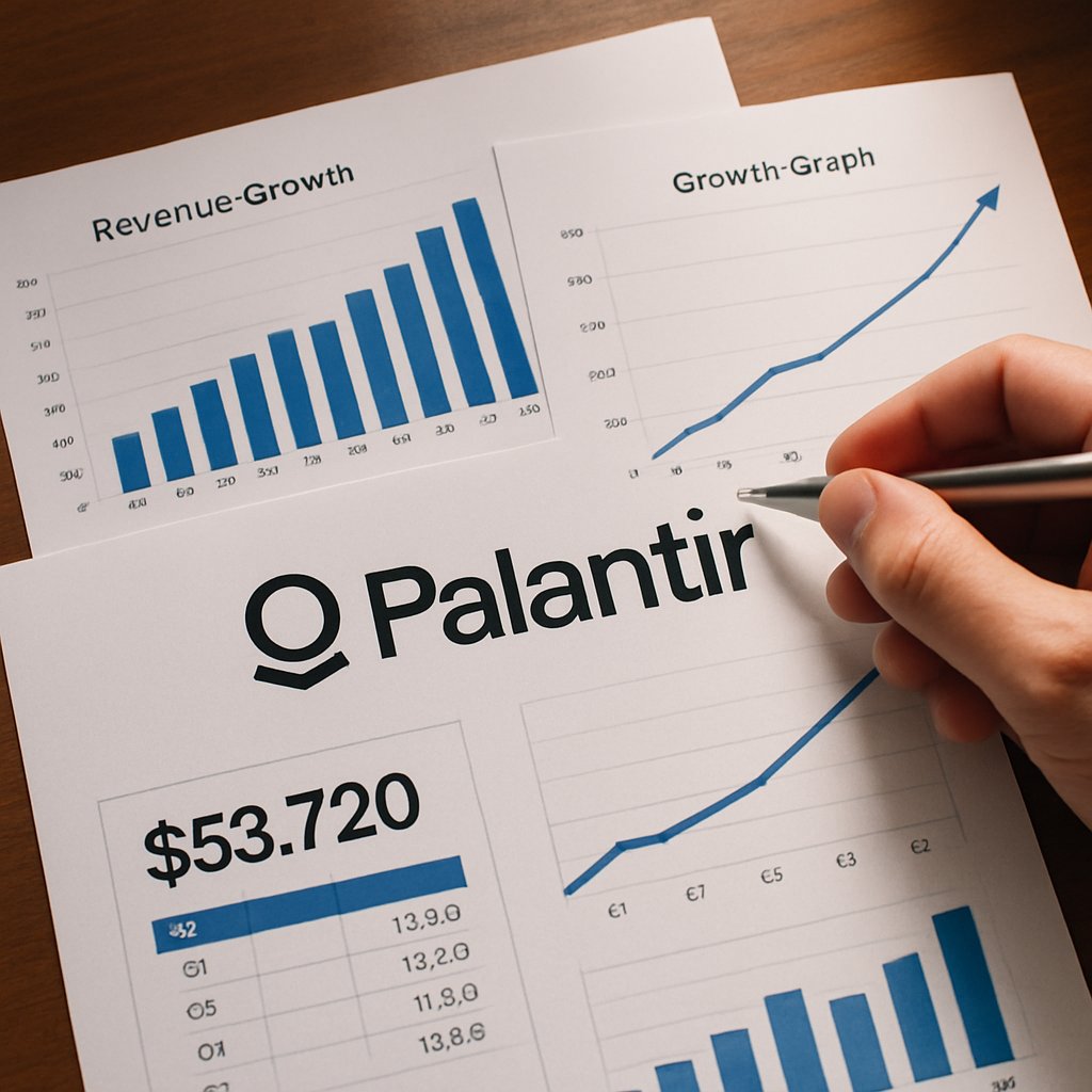 Printed financial reports with Palantir Forecast graphs and revenue data.