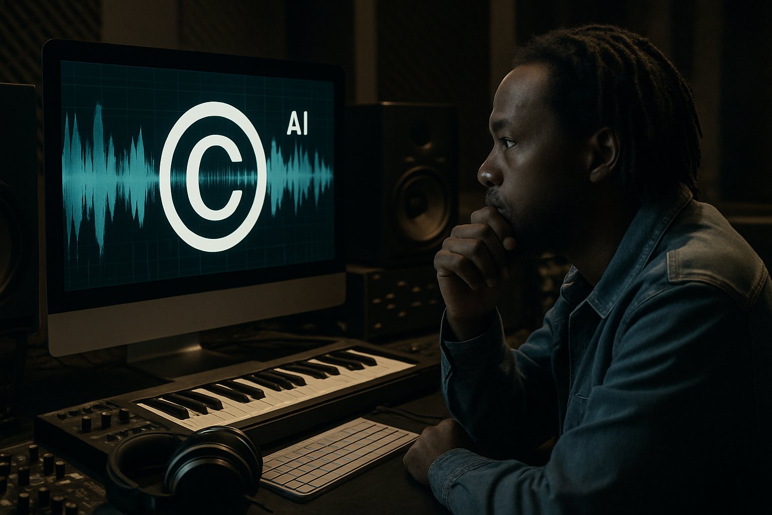 African producer analyzing soundwaves and copyright sign for AI Music Rights.